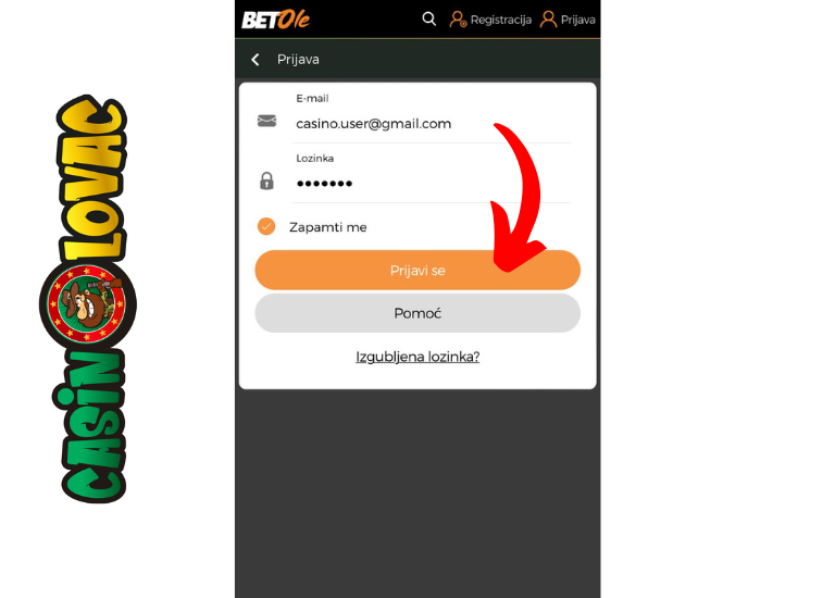 Prijava na nalog Betole