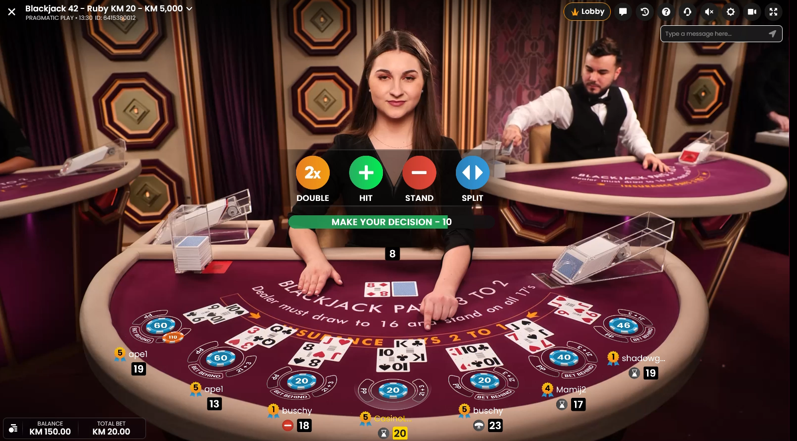 Blackjack igrac odlucuje hoce li duplirati, hit, stand ili split