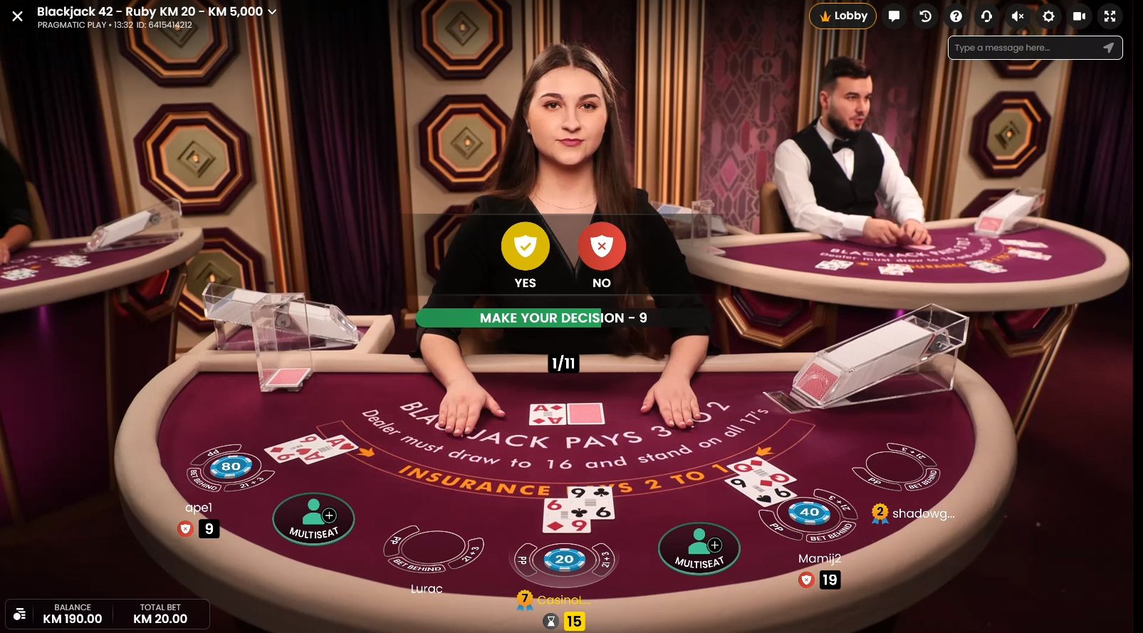 Igrac Blackjacka mora odluciti dali hoce osiguranje kada diler ima 21